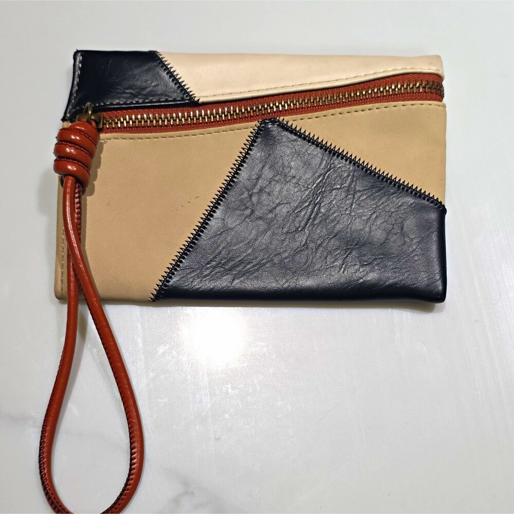 Universal Thread Beige Black Colorblock Zip Wristlet Clutch Brown Strap Small